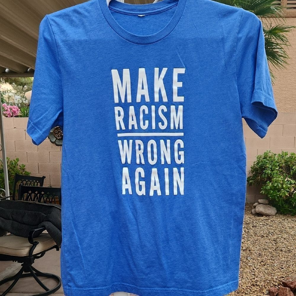 Bold Blue and White Short Sleeve Tee with Statement Womens Medium